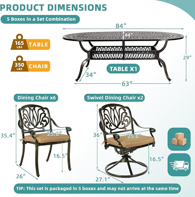 MEETWARM 9-Piece Outdoor Patio Dining Set, All-Weather Cast Aluminum Patio Conversation Set with 2 Swivel Rocker Chairs, 6 Stationary, 1 Oval Table, 8 Cushions, 2" Umbrella Hole