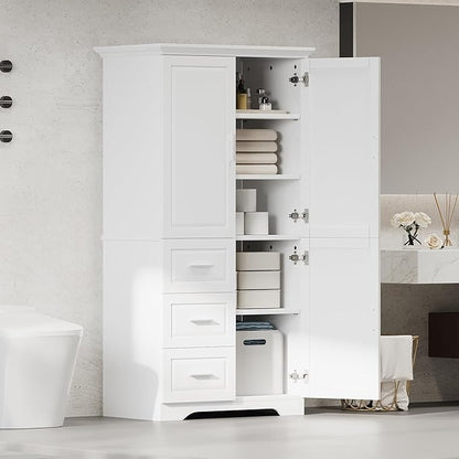 Merax Storage Cabinet with Three Drawers and Doors, Wide Pantry Cupboard for Kitchen, Living Room and Bathroom, Adjustable Shelf, White