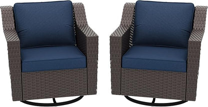 Patio 2 Pieces Wicker Swivel Chairs Set of 2，Outdoor PE Rattan Rocking Glider Armchairs, Water-Resistant Cushions with Removable and Washable Covers, Porch, Balcony, Sunroom (Navy Blue)