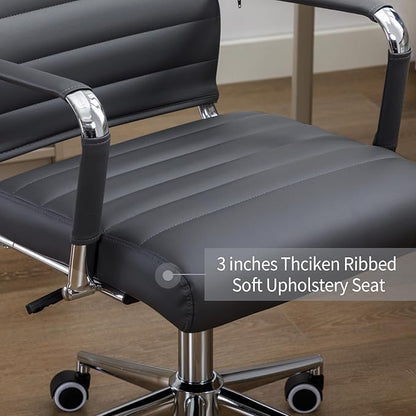 Office Desk Chair Leather, Conference Room Chairs with Wheels, Executive Modern High Back Ergonomic Swivel Rolling Ribbed Computer Chair