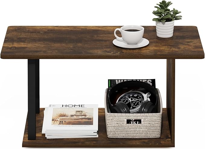 Furinno Basic Coffee Table, 2-Tier Modern Coffee Table with Open Shelf, Easy Assembly Side Table, for Living Room, Bedroom, Home Office, Amber Pine