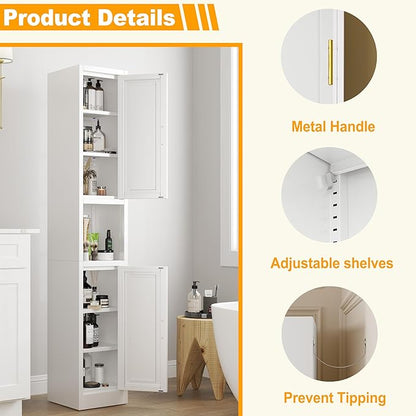 Tall Narrow Storage Cabinet 66.93" H Tall Bathroom Cabinets Metal Pantry Cabinet, 4 Adjustable Shelves for Kitchen, Home Office, Living Room, Dinning Room (11.8 inches Wide White)