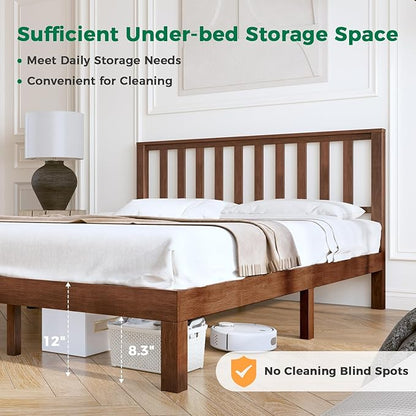 DELAVIN Solid Wood Queen Size Bed Frame with Headboard, Malaysian Oak Platform Bed Frame, Mid Century Modern Bedframe, No Box Spring Needed, Easy Assembly, Queen, Antique Espresso
