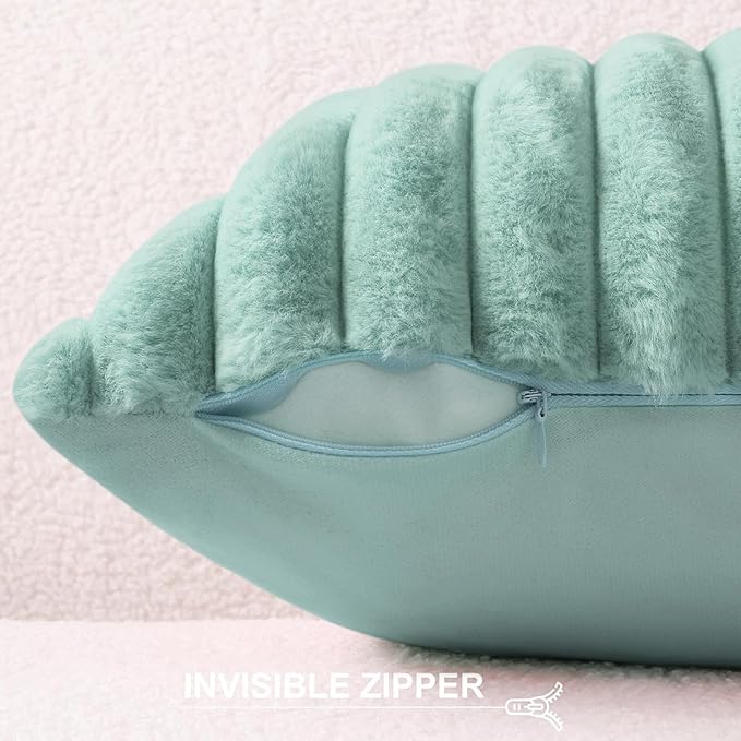 Pallene Faux Fur Plush Lumbar Throw Pillow Covers 12x20 Set of 2, Luxury Soft Fluffy Striped Decorative Pillow Covers for Sofa, Couch, Living Room, Aqua