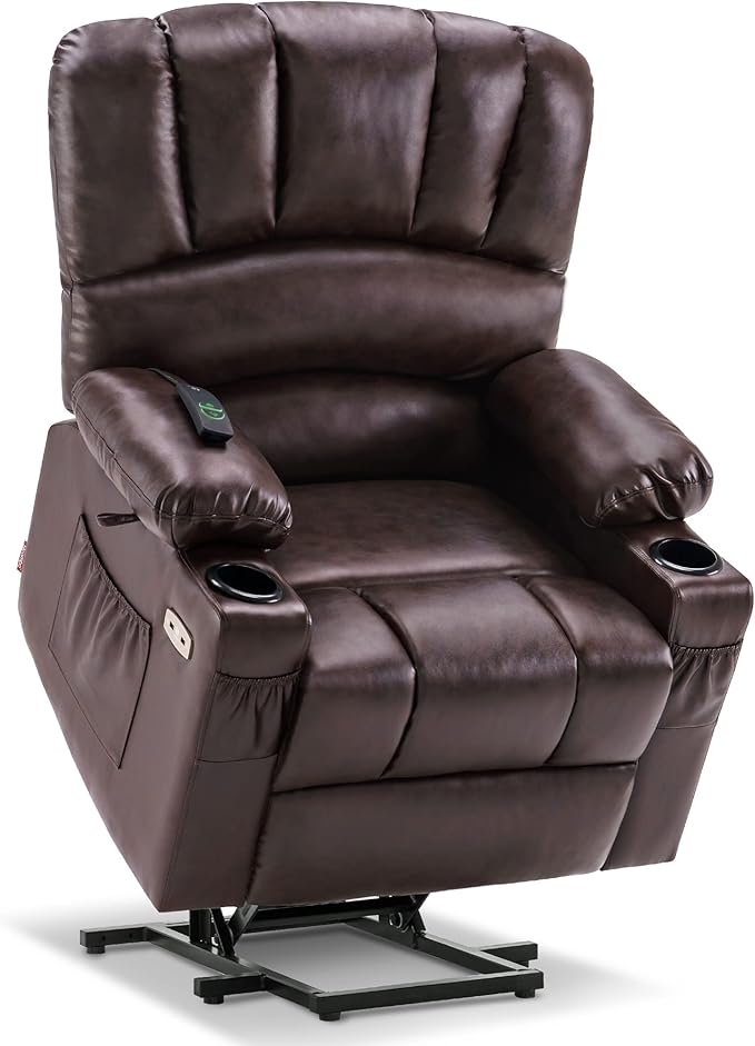 MCombo Power Lift Recliner Chair for Elderly, Lift Chair with Heat and Massage, USB &Type C Ports, Cup Holders, Faux Leather 7095 (Medium, Dark Brown)