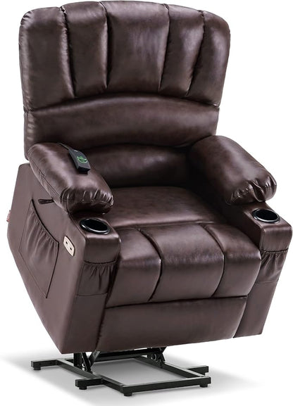 MCombo Power Lift Recliner Chair for Elderly, Lift Chair with Heat and Massage, USB &Type C Ports, Cup Holders, Faux Leather 7095 (Medium, Dark Brown)