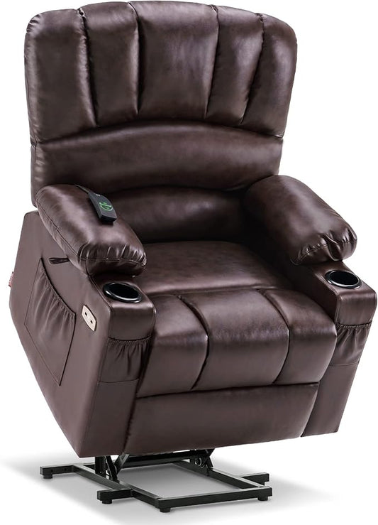 MCombo Power Lift Recliner Chair for Elderly, Lift Chair with Heat and Massage, USB &Type C Ports, Cup Holders, Faux Leather 7095 (Medium, Dark Brown)