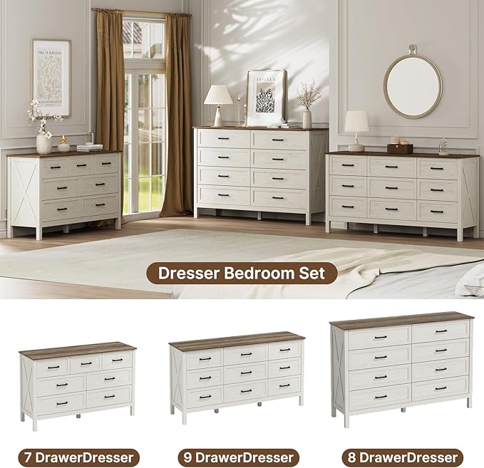 LYNSOM Farmhouse 7 Drawers Dresser for Bedroom, Wood Rustic Wide Chest of Drawers with Deep Drawers, Metal Handle, Storage Dressers Organizer for Entryway, Hallway, Antique White