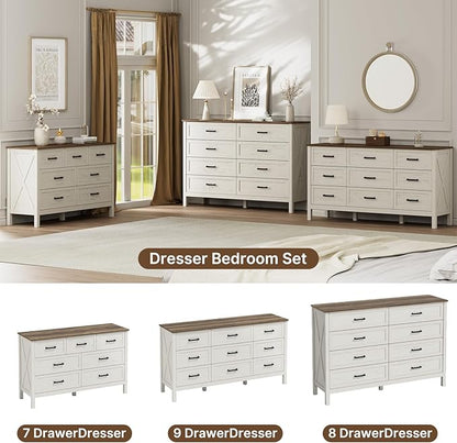 LYNSOM Farmhouse 7 Drawers Dresser for Bedroom, Wood Rustic Wide Chest of Drawers with Deep Drawers, Metal Handle, Storage Dressers Organizer for Entryway, Hallway, Antique White