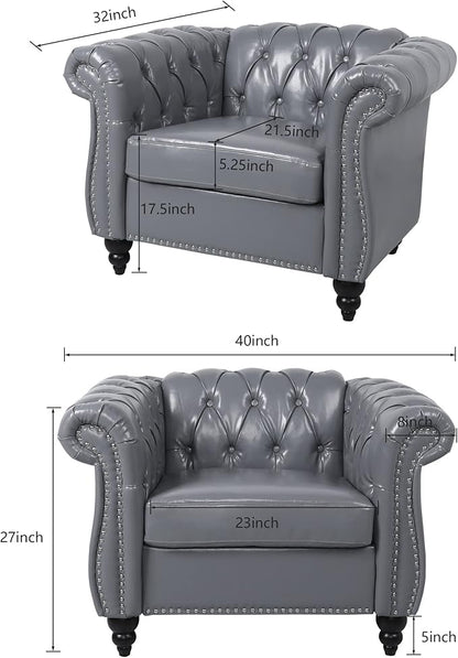 LEVNARY Leather Upholstered Armchair, Mid-Century Modern Single Sofa Chair with Rolled Arms and Nailhead, Tufted Pu Leather Chesterfield Chair for Home Bedroom Reading Room (Gray)