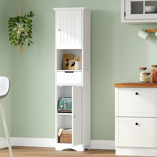 ChooChoo 67" Tall Bathroom Storage Cabinet, Narrow Bathroom Cabinet with 2 Doors and 1 Drawers, Freestanding Cupboard Floor Cabinet with Adjustable Shelves for Living Room, Kitchen, White