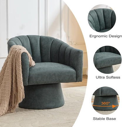 Swivel Accent Chair, Faux Leather 360° Swivel Barrel Chair Upholstered Modern Living Room Chair, Overstuffed Reading Armchair for Bedroom,Vanity,Office-Navy