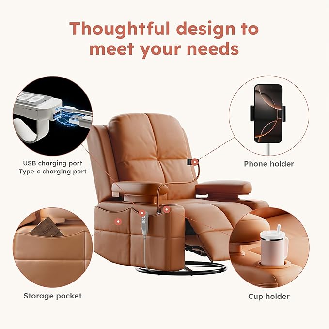 Triple Motor Power Swivel Rocker Recliner Chair with Adjustable Armrests for Adults Elderly, FSC Certified Faux Leather Rocking Chair Nursery for Breastfeeding(Brown)