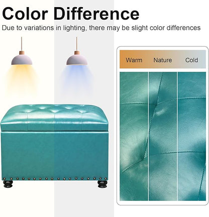 Leather Storage Ottoman Bench with Nailhead Trim Chests, Rectangle 24 Inch Foot Rest Ottomans Stool for Living Room Bedroom (Teal Blue)