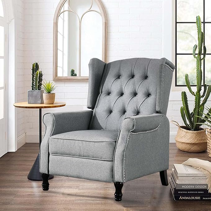 Pushback Recliner Chair, Modern Accent Arm Chair, Fabric Wingback Chair for Living Room Bedroom, Grey