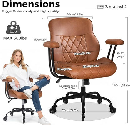 BEWISHOME Ergonomic Home Office Chair, Mid-Century Modern Brown Leather Desk Chair with Robber Casters Lumbar Support Adjustable Height Rolling Swivel Chair Executive Task Armrests BBY01Z