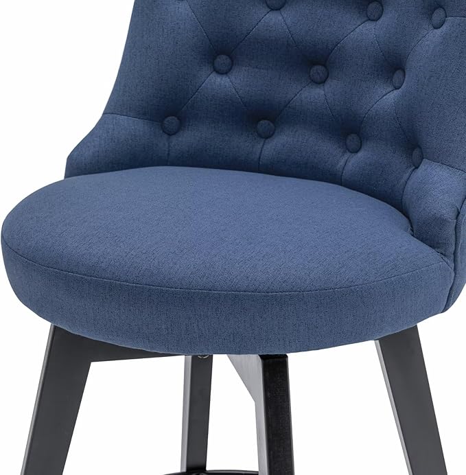 MINCETA Set of 2 Upholstered Bar Stools - 26 Inch Swivel Counter Height Stools with Low Tufted Back, Footrest & Performance Fabric - Round Seat for Kitchen Island & Home Bar Blue