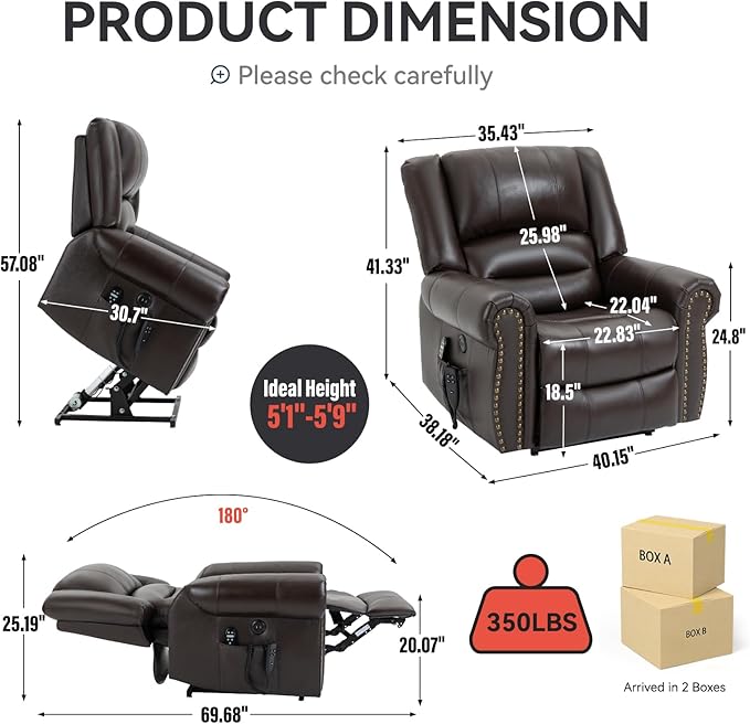 Luxlen Power Lift Recliner Chair for Elderly, Dual Motor Massage Recliner with Lumbar Heat, Heavy Duty Motion Mechanism Lift Chair with Charge Ports, Genuine Leather - Antique Brown