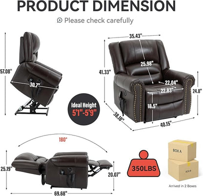 Luxlen Power Lift Recliner Chair for Elderly, Dual Motor Massage Recliner with Lumbar Heat, Heavy Duty Motion Mechanism Lift Chair with Charge Ports, Genuine Leather - Antique Brown