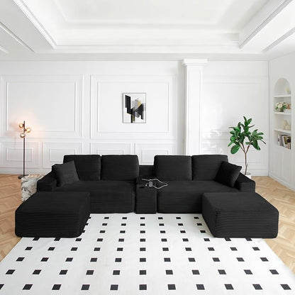 150" Oversized Modular Sectional Sofa,Deep Seat Cloud Corduroy Boneless Couch with Cup Holders,USB Ports, Wireless Charging & Storage Box,Upholstered Modular Sleeper Sofa for Living Room (Black)