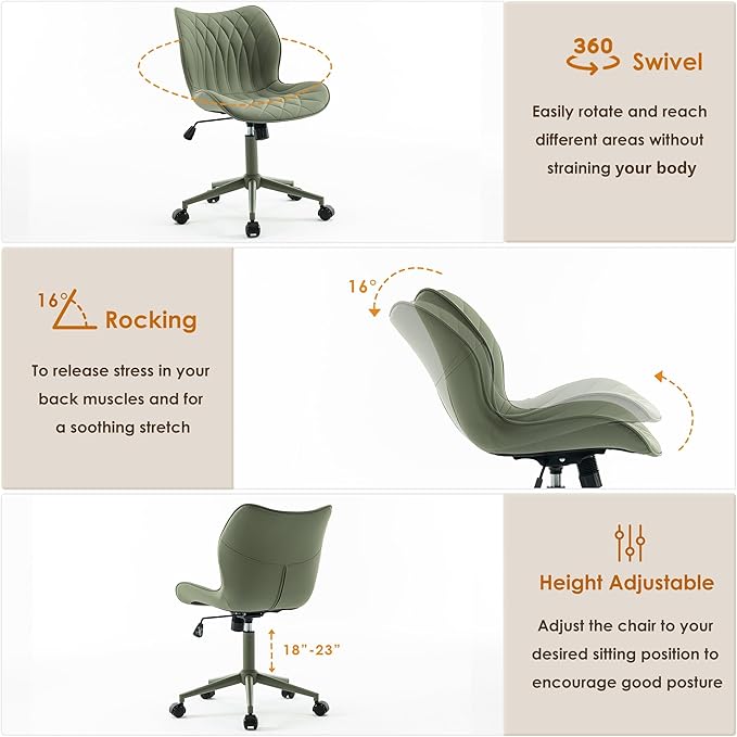 YOUNUOKE Armless Desk Chair Comfy Office Chair with Wheels Home Ergonomic Task Chair Adjustable Computer Chairs Modern Faux Leather Swivel Chair Upholstered Makeup Vanity Chair with Back(Olive Green)