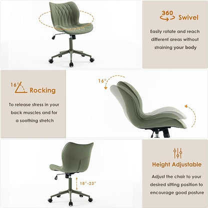 YOUNUOKE Armless Desk Chair Comfy Office Chair with Wheels Home Ergonomic Task Chair Adjustable Computer Chairs Modern Faux Leather Swivel Chair Upholstered Makeup Vanity Chair with Back(Olive Green)