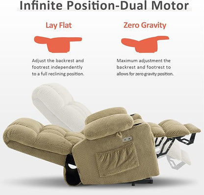 MCombo Dual Motor Large Power Lift Recliner Chair for Elderly, Lay Flat Lift Chair with Heat and Massage, Big Lift Recliner for Tall People, Cup Holders, Fabric 7896 (Beige, Large)
