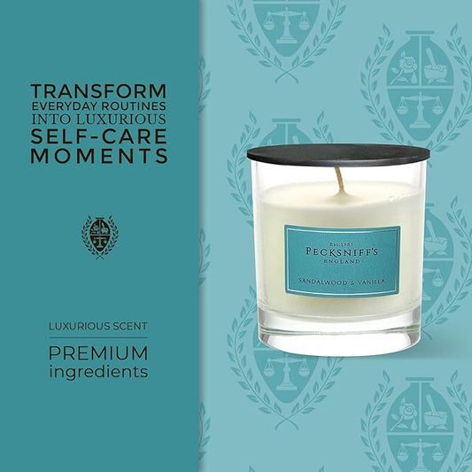 Pecksniff's White Scented Candle 1 Wick - Sandalwood & Vanilla Candles for Home - 184g/6.49oz