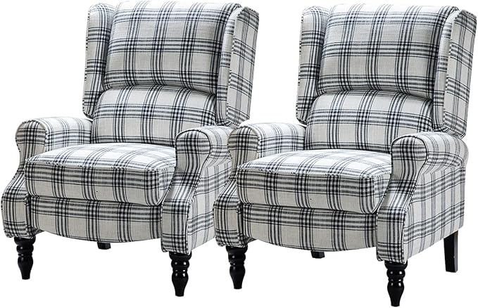 HULALA HOME Upholstered Wingback Recliner Chair Set of 2, Small Adjustable Footrest Push Back Single Reclining Sofa, Mid Century Modern Lounge Armchair for Living Room, Bedroom, Reading/Plaid Black