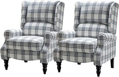 HULALA HOME Upholstered Wingback Recliner Chair Set of 2, Small Adjustable Footrest Push Back Single Reclining Sofa, Mid Century Modern Lounge Armchair for Living Room, Bedroom, Reading/Plaid Black