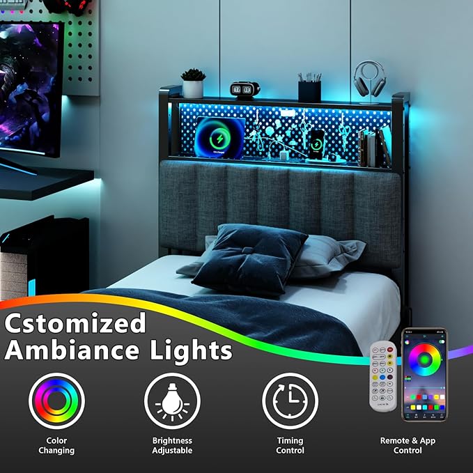 VINGLI Twin or Twin XL Size Headboard, Adjustable Upholstered Headboard with 2 Tier Shelves and Pegboard with Charging Stations and LED Lights, Modern Bed Headboard with Storage for Bedroom Decor