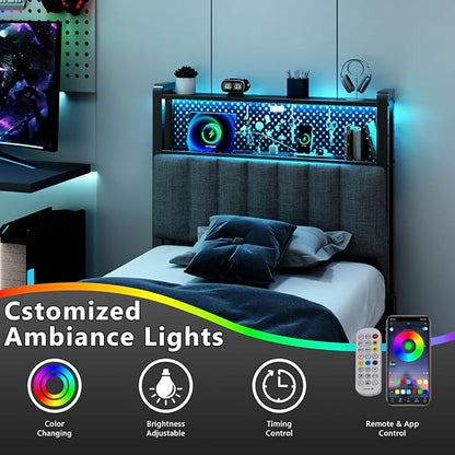 VINGLI Twin or Twin XL Size Headboard, Adjustable Upholstered Headboard with 2 Tier Shelves and Pegboard with Charging Stations and LED Lights, Modern Bed Headboard with Storage for Bedroom Decor