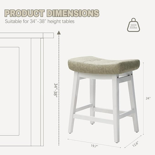 Counter Height Bar Stools Set of 4 for Kitchen Counter Farmhouse Modern Barstools with Faux Leather Upholstered Backless Seat and Solid Wood Legs 24 inch Bar Chairs, Light Grey + White
