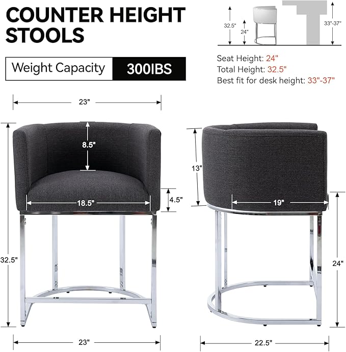 Contemporary Charcoal Linen Bar Stools Set of 4, 24" Upholstered Fabric Counter Height Barstools Kitchen Counter Island Stools with Screwed Together Chrome Finish Base