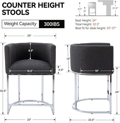 Contemporary Charcoal Linen Bar Stools Set of 4, 24" Upholstered Fabric Counter Height Barstools Kitchen Counter Island Stools with Screwed Together Chrome Finish Base