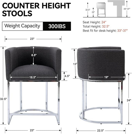 Contemporary Charcoal Linen Bar Stools Set of 2, 24" Upholstered Fabric Counter Height Barstools Kitchen Counter Island Stools with Screwed Together Chrome Finish Base