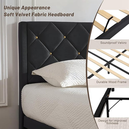 Queen Size Platform Bed Frame with Velvet Upholstered Headboard and Sturdy Wooden Slats Support,Mattress Foundation，Easy Assembly, No Box Spring Needed,Slip Resistant (Black, Queen)