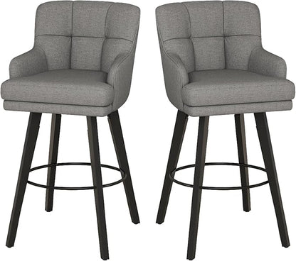 360°Swivel Counter Height Bar Stools with Back, 30 inch Solid Wood Legs, Bar Stool Modern Kitchen Island Chairs, Fabric (Mid-Grey- Fabric, 30" H- Set of 2)