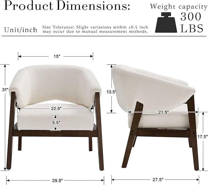 Modern White Accent Chair, Upholstered Armchair Living Room Chair for Bedroom, Comfy Barrel Reading Nook Chairs, Chenille, Wood Legs,1PC