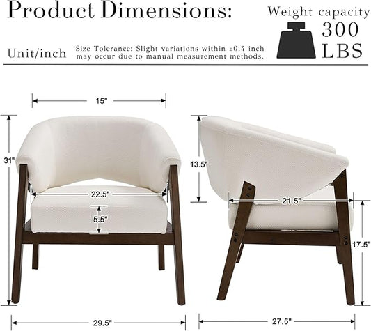 Mid-Century Modern Accent Chair Set of 2, Comfy Barrel Armchair Living Room Chair for Bedroom, Upholstered Lounge Chairs for Reading Nook Office, White Chenille, Wood Legs