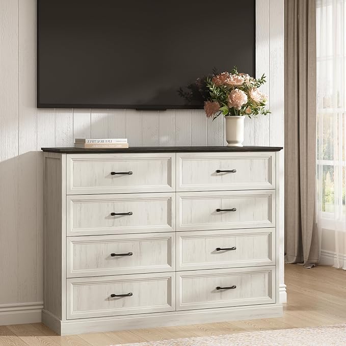 CARPETNAL Farmhouse 8 Drawer Dresser for Bedroom, 55 Inch Wide Modern White Dresser TV Stand with Large Drawers & Bar Handles, Rustic Wood Chest of Drawers for Bedroom, Living Room, Hallway, Entryway.