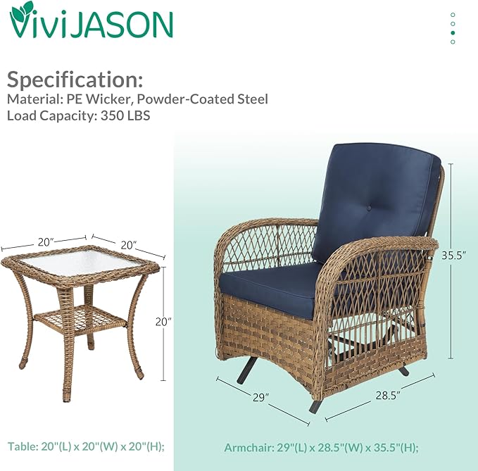 VIVIJASON 3-Piece Outdoor Patio Furniture Set, Outdoor Wicker Glider Rocking Chairs Rattan Conversation Bistro Sets w/ 2 Rattan Cushioned Chairs and Glass Top Side Table for Porch Backyard, Navy Blue