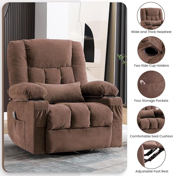 BOSMILLER Oversized Recliner Chair for Adults with Vibration Massage and Lumbar Heating Swivel Rocker Recliner with Cup Holder and USB Charge Port for Living Room