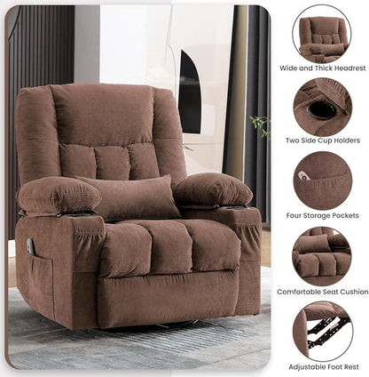 BOSMILLER Oversized Recliner Chair for Adults with Vibration Massage and Lumbar Heating Swivel Rocker Recliner with Cup Holder and USB Charge Port for Living Room