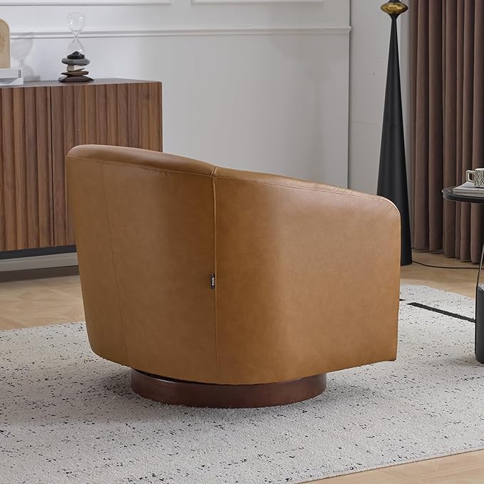 AEDI Genuine Leather Swivel Accent Chair with Solid Wood Base, Upholstered Barrel Armchair for Living Room, Modern Small Club Chair,Genuine Leather,Camel