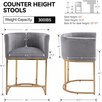 Contemporary Grey Velvet Bar Stool, 24" Upholstered Fabric Counter Height Barstool Kitchen Counter Island Stool with Screwed Together Golden Metal Base