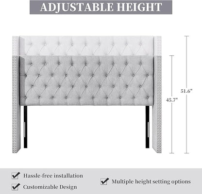 Lucky Monet Linen Upholstered Headboard Queen Size (Headboard Only), Nail Head Trim Wingback Tufted Button Headboard Luxury Soft Padded Head Board with Durable Metal Legs, Adjustable Height, Grey