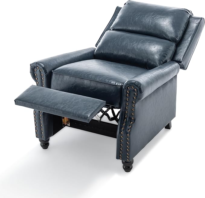 Pushback Recliner Chairs Set of 2, Faux Leather Wingback Recliner Chair, Upholstered Armchair Push Back Recliner with Wood Legs, Rivet Trim Single Sofa Accent Chair for Living Room, Bedroom, Navy