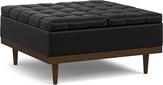 SIMPLIHOME Mariah 36 inch Wide Contemporary Rectangle Lift Top Table Storage Ottoman in Midnight Black PU Black faux leather, Assembled, For the Living Room, Entryway and Family Room
