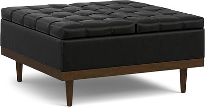 SIMPLIHOME Mariah 36 inch Wide Contemporary Rectangle Lift Top Table Storage Ottoman in Midnight Black PU Black faux leather, Assembled, For the Living Room, Entryway and Family Room